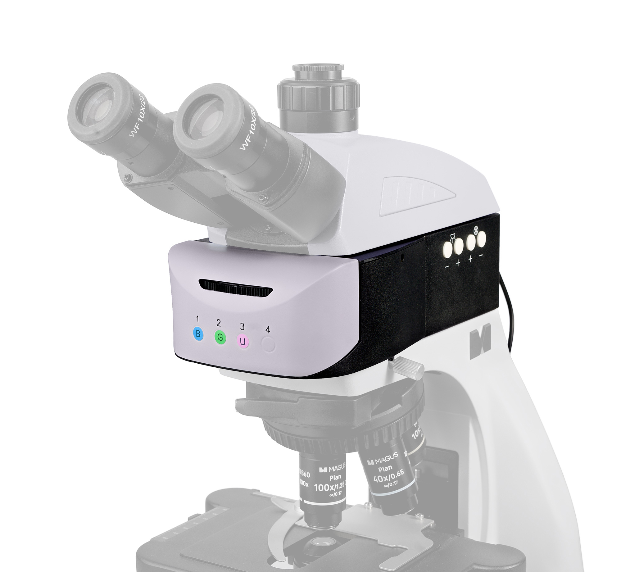 Насадка эпи-люминесцентная моторизованная MAGUS Epi-FL04M LED, блоки люминесцентных фильтров B/G/UV картинка